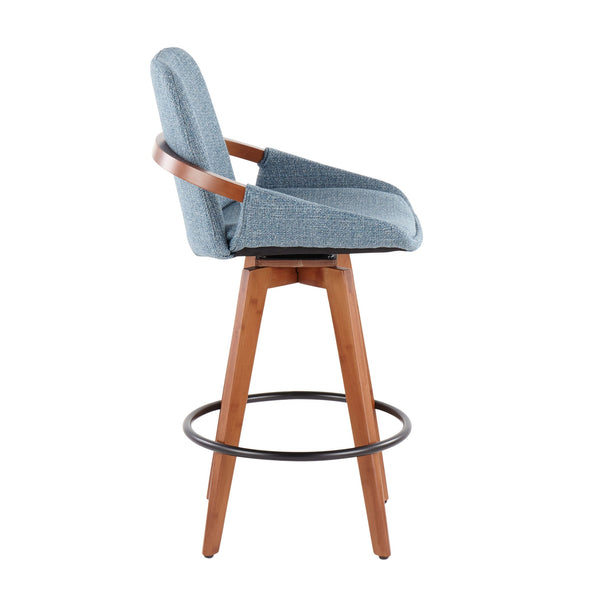 English Elm Cosmo Mid-Century Counter Stool Walnut Frame with Swivel Fabric Seat, Curved Armrests & Footrest Blue B202P221845
