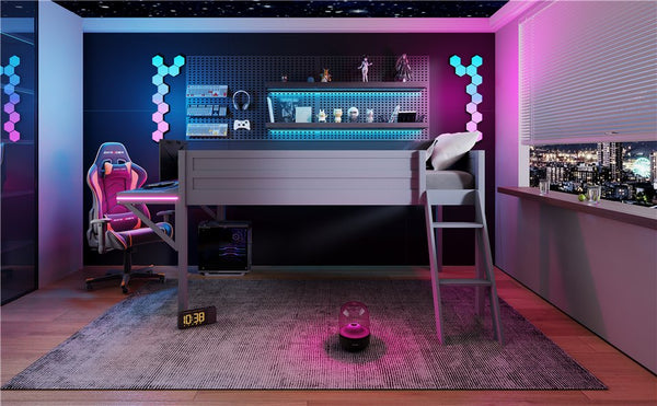 English Elm Wood Twin Gaming Loft Bed with Desk, LED Lighting & Storage Shelves—Sturdy Pine Build for Kids (98) N709P236479E