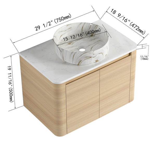 English Elm 30'' Wall-Mounted Bathroom Vanity With Elegant Ceramic Sink, Soft-Close Doors & Space-Saving Design W999S00464