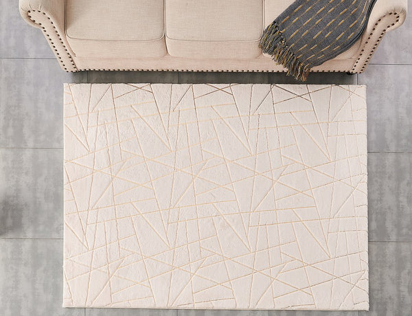 English Elm Luxury Plush Beige Geometric Faux Fur Area Rug With Gold Accents – Machine Washable & Anti-Slip Design B030P233688