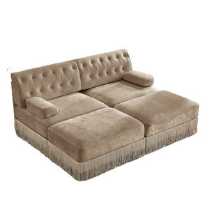 English Elm With Tufted Velvet Sectional Sofa Two Ottomans Tassel Skirt French Chesterfield Living Room Camel W714S01744