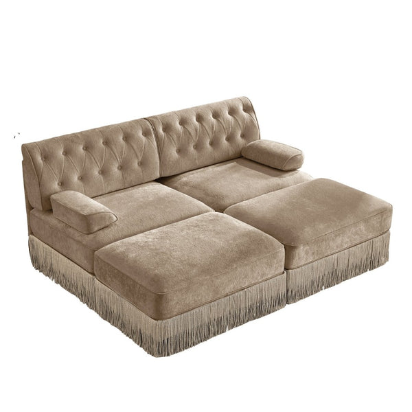English Elm With Tufted Velvet Sectional Sofa Two Ottomans Tassel Skirt French Chesterfield Living Room Camel W714S01744