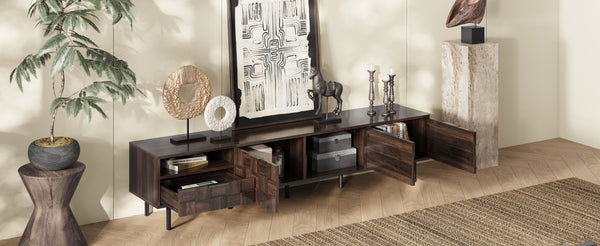 English Elm 78 Mid Century Modern TV Stand for 65–85" TVs with 3 Soft-Close Cabinets, Deep Drawer & Open Shelf (Walnut) N710P293264Q