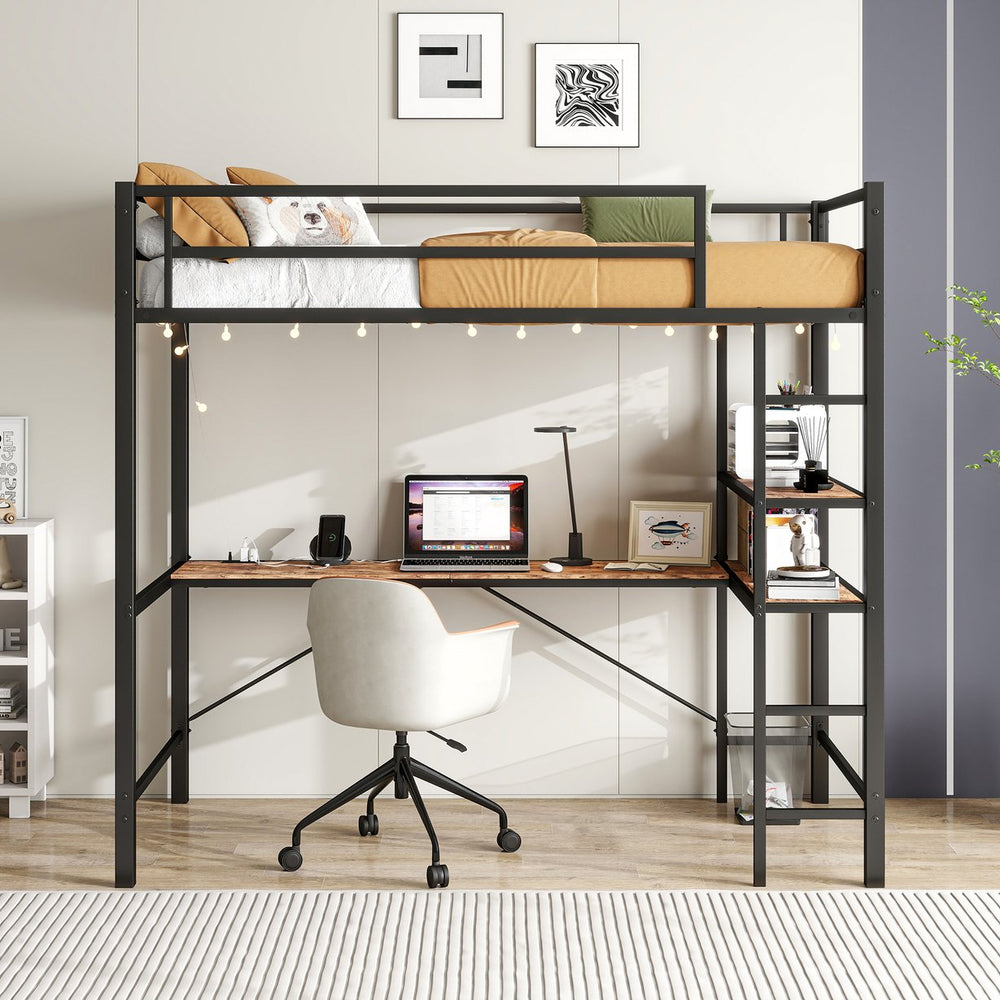 English Elm Twin Heavy Duty Loft Bed with L-Shape Desk, Shelves, USB Charging, LED Lights, Guard Rail, Brown W840P210910