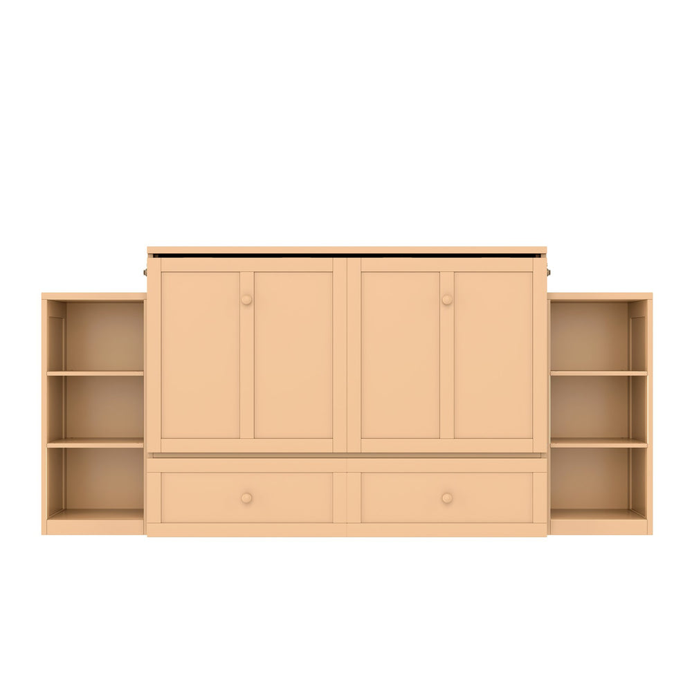 English Elm Full Golden Murphy Bed with Storage Drawers & Shelves, Space-Saving Wall Cabinet for Guests W1580S00254