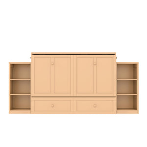 English Elm Full Golden Murphy Bed with Storage Drawers & Shelves, Space-Saving Wall Cabinet for Guests W1580S00254