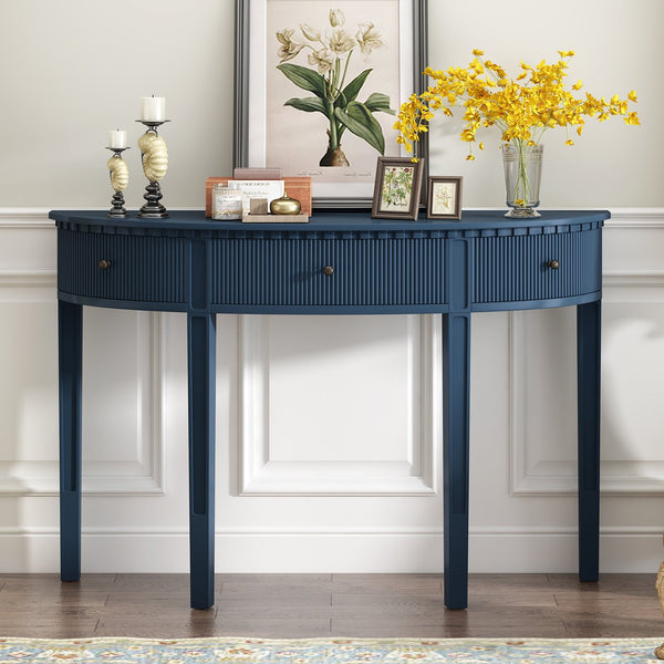 English Elm U-Style Pine Veneer Console Table with Vertical Stripe Drawer Fronts, Solid Pine Legs, 100 lb Top Navy Blue N711P173099V