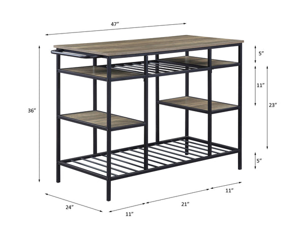English Elm Lona Rustic Oak Kitchen Island with Black Metal Frame, 6 Open Shelves, 100lb Top Capacity B2726P272332