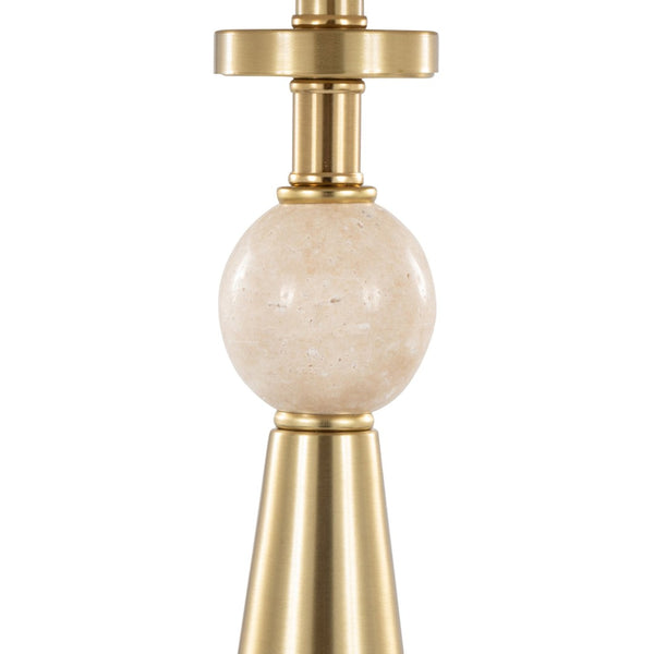 English Elm Table Lamp Set of Two Gold Metal Travertine Base with Leaf Fabric Shade Glam Decor B202P471582