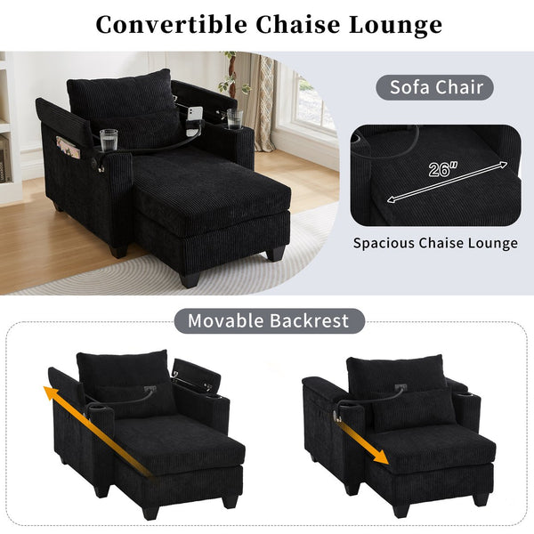 English Elm Convertible Chaise Lounge With Usb Ports, Cup Holders & Storage – Stylish Multi-Functional Sofa Chair N719S002021B