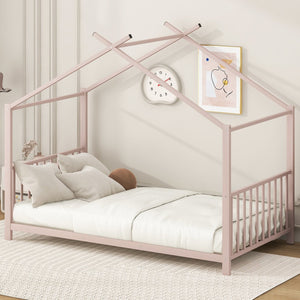 English Elm Twin Metal House Platform Bed with Slat Kit for Kids Sleepovers Sturdy Frame Elegant Silhouette 63.8"H Pink MF322835AAH