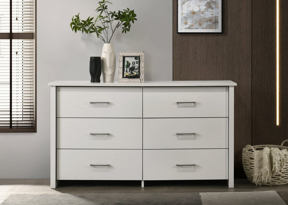 English Elm Seraphiel Six Drawer Wide Dresser Oak Tone Finish Matte Black Hardware Bedroom Storage White B2749P413332
