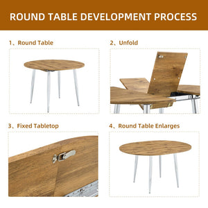 English Elm Table Set Extendable Round to Oval Wood Grain Top with Four White Pu Dining Chairs W1151S03962