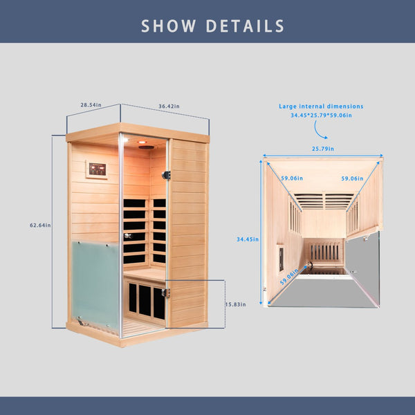 English Elm Large Hemlock Wood Infrared Sauna with Glass Front Bluetooth Audio and Red Light Therapy W2611P204516