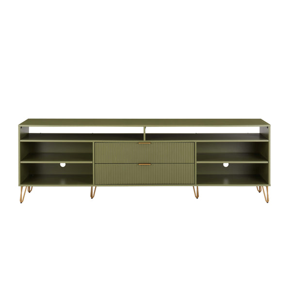 English Elm Dumbo 85" Fluted TV Stand with Gold Legs, 2 Drawers & 6 Shelves, Wire Management, Easy Snap Assembly Olive Green B365P397927
