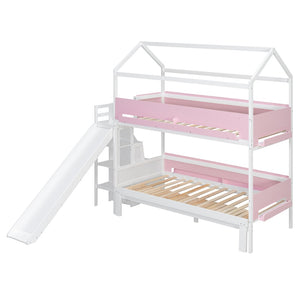 English Elm House-shaped Pine Bunk Bed with Built-in Slide Storage Staircase Twin Over Full Kids Frame White+Pink N820S00082K