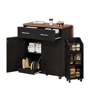 English Elm K&K 47.2" Farmhouse Kitchen Island with Drop Leaf, Removable Side Shelf, Trash Cabinet, Wheels Black N707P307296B