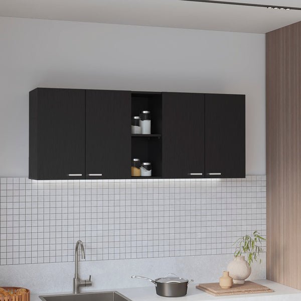 English Elm 59-inch Four Swing Doors Wall Cabinet Wenge - Spacious 6-Shelf Bath Storage with 2 Glass Panels, Stylish Concealment (59") B06280515