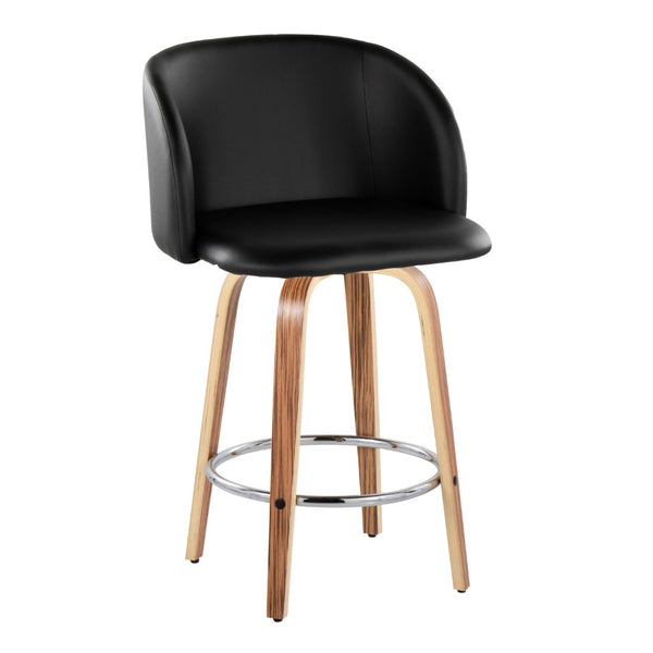 English Elm Fixed-height Swivel Barstools Zebra Wood Base Faux Leather Seat Chrome Footrest Pair B202S01771