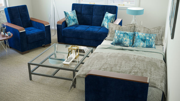 English Elm PrimeNest ZenAero Upholstered Wood Trim Convertible Sofabed with Storage, Click-Click Sleeper Comfort Blue B030P286532