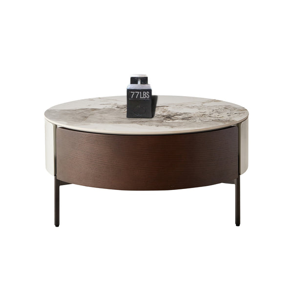 English Elm Modern Round Coffee Table with Sintered Stone Top, Smoked Wood Veneer, Drawers & Golden Legs — Durable Scratch‑Resistant Design for Living Room Lounge (White+Natural) W1911P195002