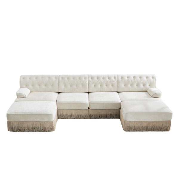 English Elm 4-seater Cloud Sectional with Ottomans Button Tufted Fleece Tassel Skirt Sofa W714S01690