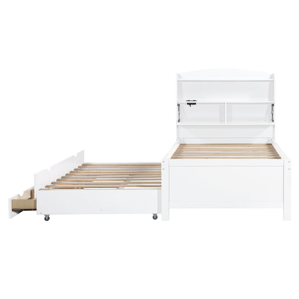 English Elm Twin LED Platform Bed with Trundle and Under-Storage Drawers, Flip-Up Headboard, USB Ports White N820S10008K