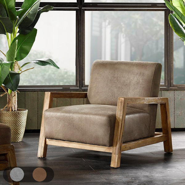 JLA Home INK+IVY - Low Profile Accent Chair with Taupe Poly-Leather & Reclaimed Wood Arms — Compact, Plush Contemporary Seating II100-0048