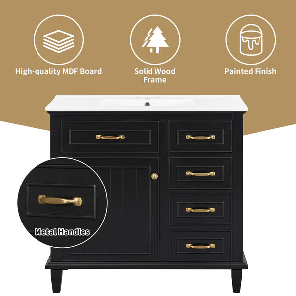 English Elm 36 Inch Bathroom Vanity With Ceramic Sink Top, Solid Wood Frame & Smart Storage Solutions For Style N725P336554B