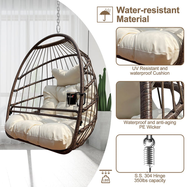 English Elm Swing Hammock Egg Chair with Wood-Grain Alloy Frame, UV-Resistant Rattan, Foldable 350lb Capacity beige brown W2707P184371