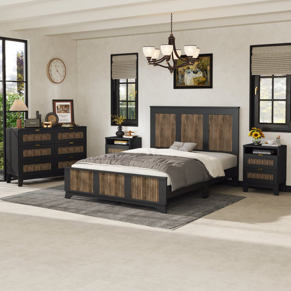 English Elm 4-Pieces Queen Platform Bed Set with Storage Nightstands & Dresser, Wooden Strip Accent, Modern Farmhouse Elegance Black 52.17 L x 18.5 W x 11.81 H HL000191AAB
