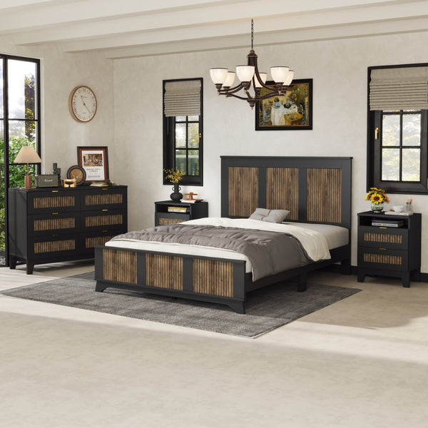 English Elm 4-pieces Farmhouse Queen Bedroom Set with Platform Bed Dresser and Storage Nightstands Black N733S333812B