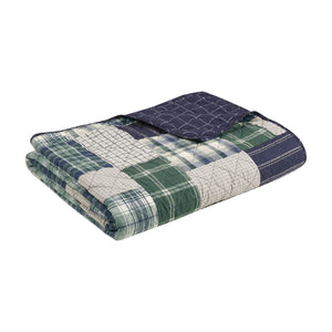 English Elm 3 Piece Timber Reversible Quilt Set King/Cal King - Rustic Green Navy Patchwork, Windowpane Reverse, Cotton-Rich Comfort B03597592