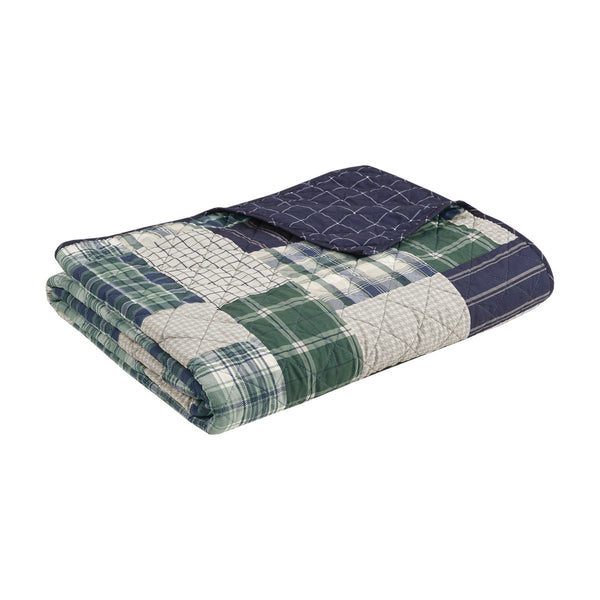 English Elm 3 Piece Timber Reversible Quilt Set King/Cal King - Rustic Green Navy Patchwork, Windowpane Reverse, Cotton-Rich Comfort B03597592