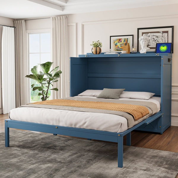 English Elm Queen Murphy Wall Bed Cabinet with Storage Drawer Built-in Power Outlets Usb Ports Navy Blue LP000400AAC-1