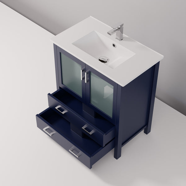 English Elm Navy Blue Bath Vanity 30” W, Contemporary White Ceramic Top & Chrome Faucet Set For Stylish Storage B2731P260511