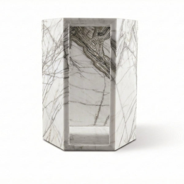 English Elm Genuine Solid Marble Hexagonal Pedestal End Table Polished Stone for Modern Living White+Multi W1696P408000
