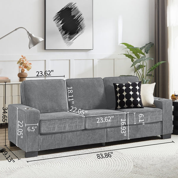 English Elm 83.86"Corduroy comfy sofa with resilient sponge & spring cushions, stylish modern 3-seater for living spaces Gray W1359P215066