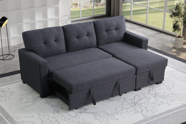 English Elm Tufted Linen Sectional Sleeper Sofa with Storage Ottoman and Reversible Chaise Dark Gray B2730S00050