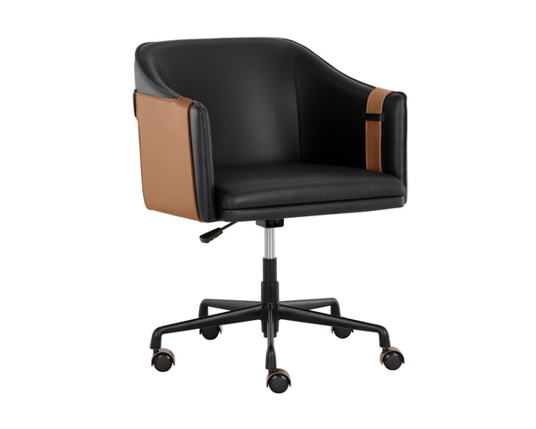 Sunpan Carter Barrel Back Office Chair in Luxurious Faux Leather with Stylish Gold Castors for Comfort Napa Black / Napa Cognac