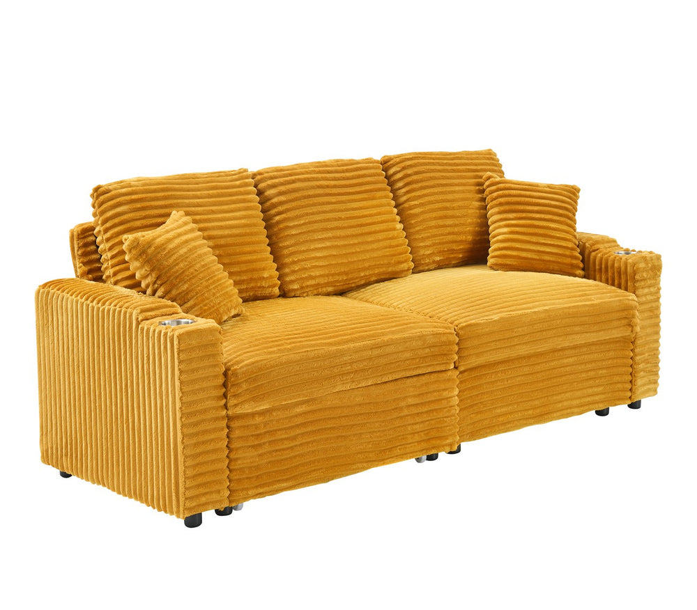 English Elm 80-inch Corduroy Folding Sofa Bed with Hidden Recline, Cup Holder & Pillows, Solid Wood Frame, 500lb Orange W3356S00008