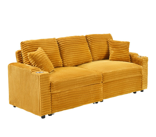 English Elm 80-inch Corduroy Folding Sofa Bed with Hidden Recline, Cup Holder & Pillows, Solid Wood Frame, 500lb Orange W3356S00008