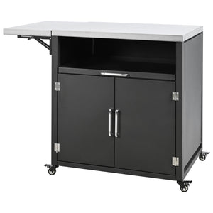 English Elm Versatile Outdoor Cabinet with Foldable Stainless Top, Extendable Iron Panel, Locking Wheels, Matte Black N719P244805B