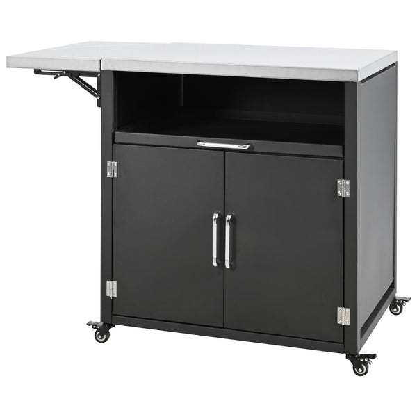 English Elm Versatile Outdoor Cabinet with Foldable Stainless Top, Extendable Iron Panel, Locking Wheels, Matte Black N719P244805B