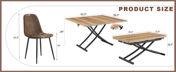 English Elm Table and Chair Set Adjustable Height Mdf Wood Grain Top with 4 Upholstered Seats Brown+Black W1151S04091