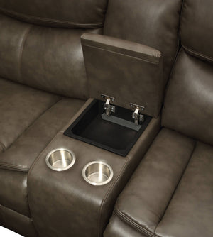 English Elm Tavin Taupe Faux Leather Sectional Recliner Sofa w/ Cupholder Console, 2 Recliners, Storage, 3-Seat Motion B2726S00126