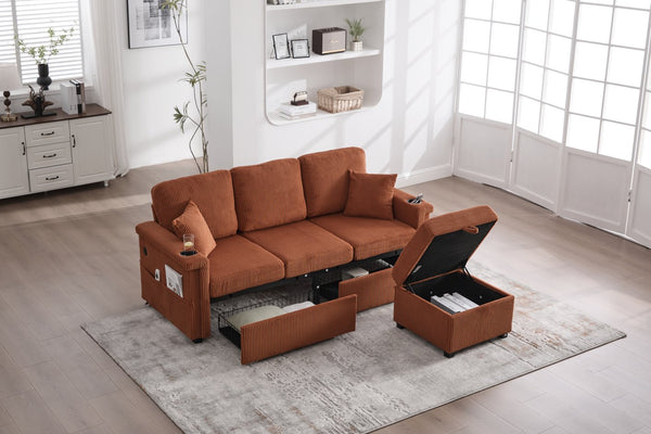 English Elm UNITED Corduroy L-Shaped Sectional Sofa with Storage Ottoman, USB Ports, Cup Holders & LED Lighting Orange W1568P332402