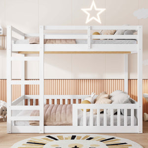 English Elm Full Full over Full Wood Bunk Bed with Ladder & Guardrails, Space-Saving Pine Frame for Kids Rooms White N7090002223K