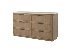 English Elm Dresser With Coastal Rope Fronts, Toffee Finish & Elegant Stone Top - Spacious 6-Drawer Storage B2699P323474