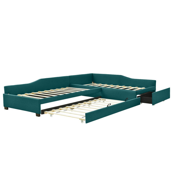 English Elm Upholstered Twin Daybed with Pull Out Trundle Linen Blend Sofa Style Studio Bed Green GX001316AAF